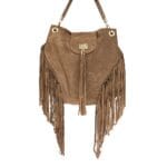 Zamszowa torebka Amber typu worek Jasny Brąz Genuine Leather